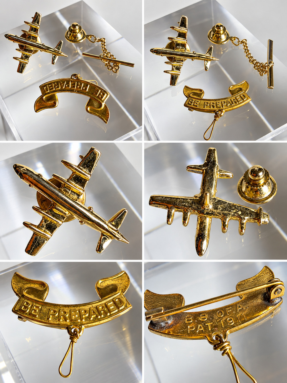Vtg Gold Tone Pin Lot BSA Be Prepared 1911 Second Class Scroll & Military Plane
